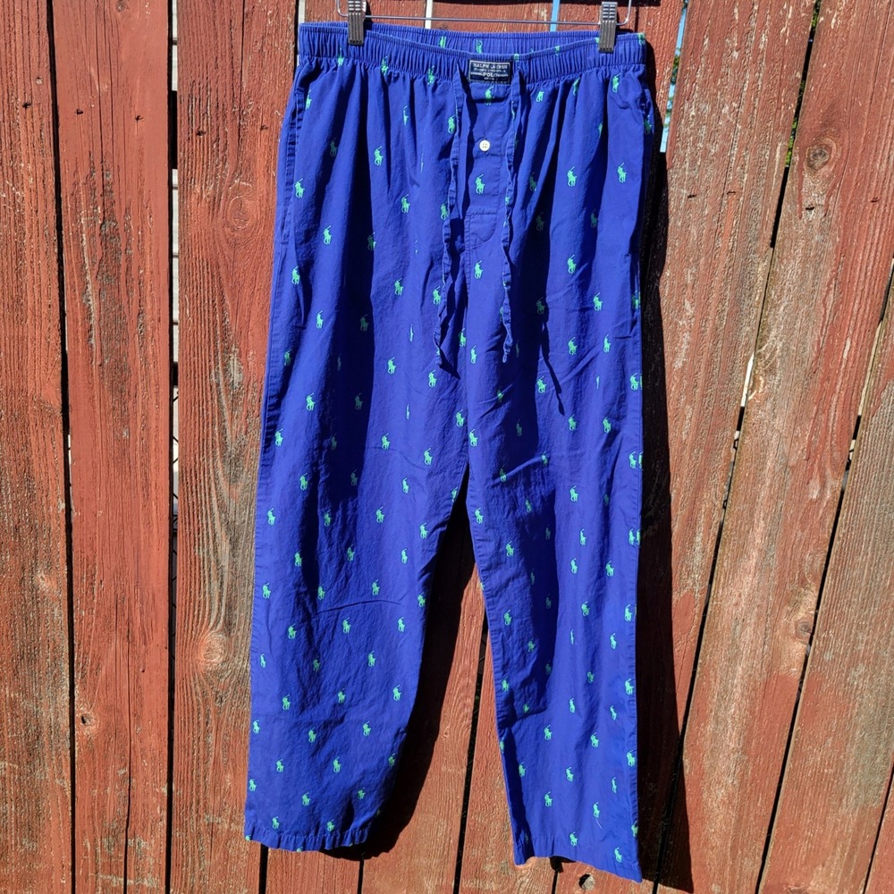 Polo Ralph Lauren Blue Green All Over Pony Logo Cotton Pajama Pants Sz M Lounge